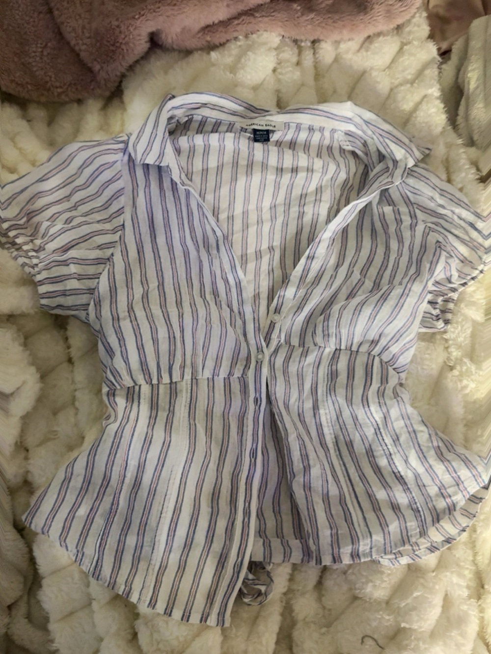 Lightweight White & Blue Striped Women's Button-Front Top